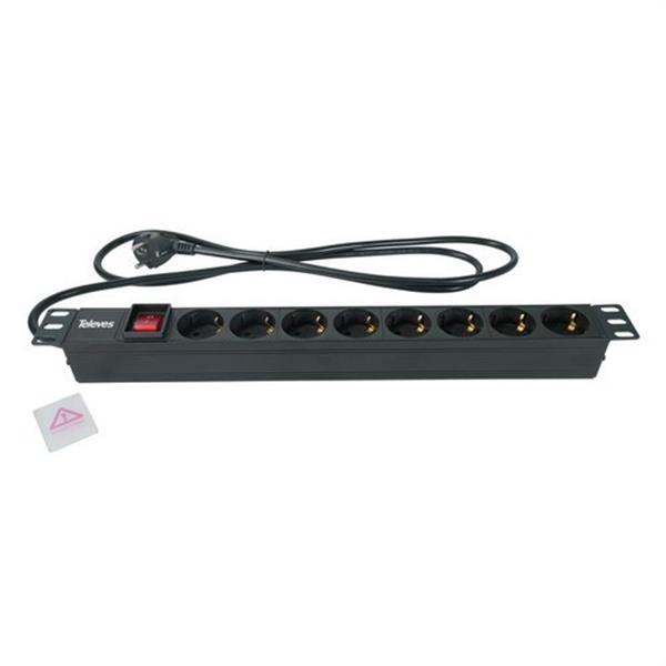 TELEVES - PANEL REGLETA PARA RACK 19" 1U 8 ENCHUFES SCHUKO 16A NEGRO