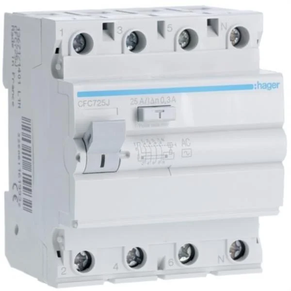 HAGER - INTERRUPTOR DIFERENCIAL 4P 25A 300MA TIPUS AC PER A RESIDENCIAL