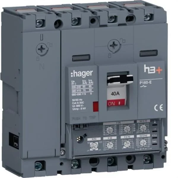 HAGER - INTERRUPTOR AUTOMATICO DE CAJA MOLDEADA H3+ P160 4P4D N0-50-100% 70KA 40A RELE LSI