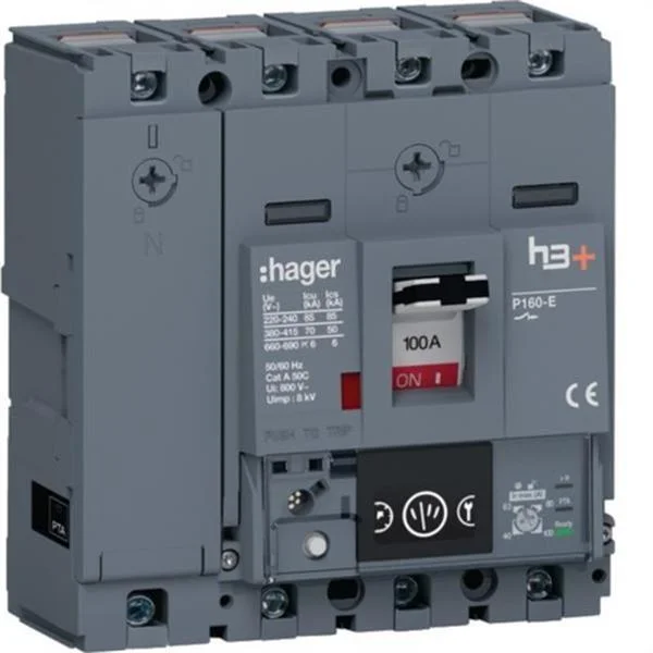 HAGER - INTERRUPTOR AUTOMATICO CAJA MOLDEADA H3+ P160 4P4D N0-50-100% 100A 70KA ENERGY
