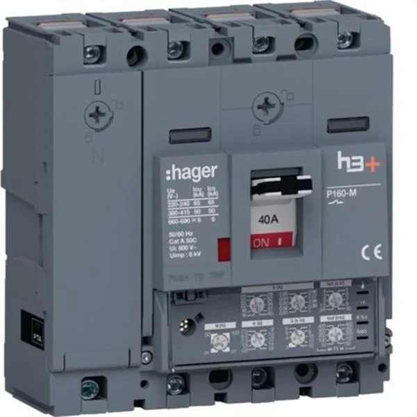 HAGER - INTERRUPTOR AUTOMATICO DE CAJA MOLDEADA H3+ P160 4P4D N0-50-100% 50KA 40A RELE LSI