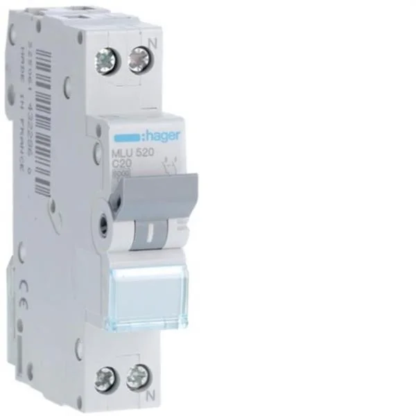 HAGER - INTERRUPTOR AUTOMATICO MAGNETOTERMICO SERIE ML 1P+N 20A CURVA C 6KA