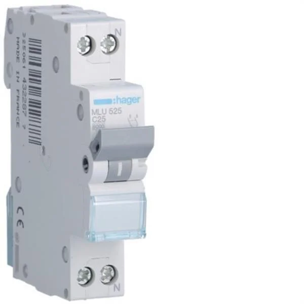 HAGER - INTERRUPTOR AUTOMATICO MAGNETOTERMICO SERIE ML 1P+N 25A CURVA C 6KA