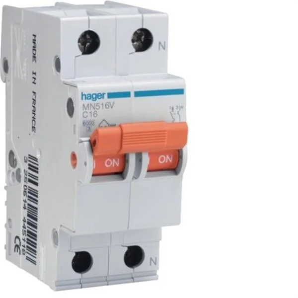 HAGER - INTERRUPTOR AUTOMATIC MAGNETOTERMIC SERIE MN 1P+N 16A CORBA C 6KA