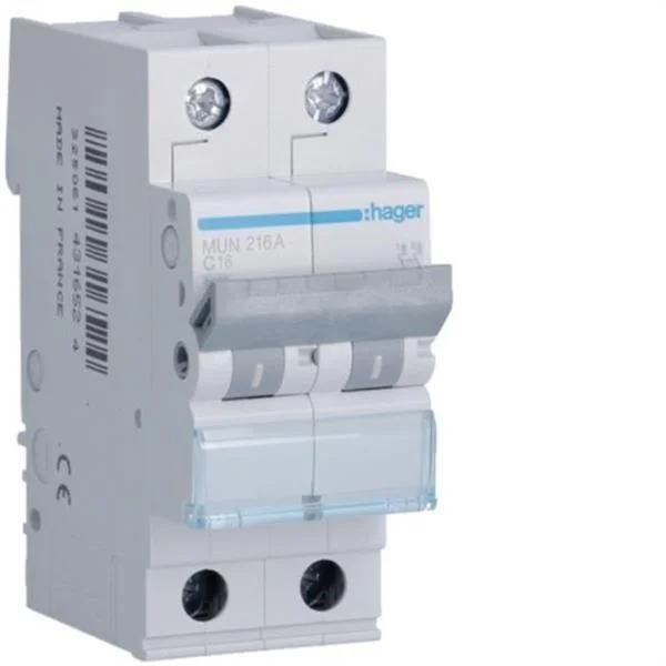 HAGER - INTERRUPTOR AUTOMATIC MAGNETOTERMIC SERIE MU 2P 16A CORBA C 6KA