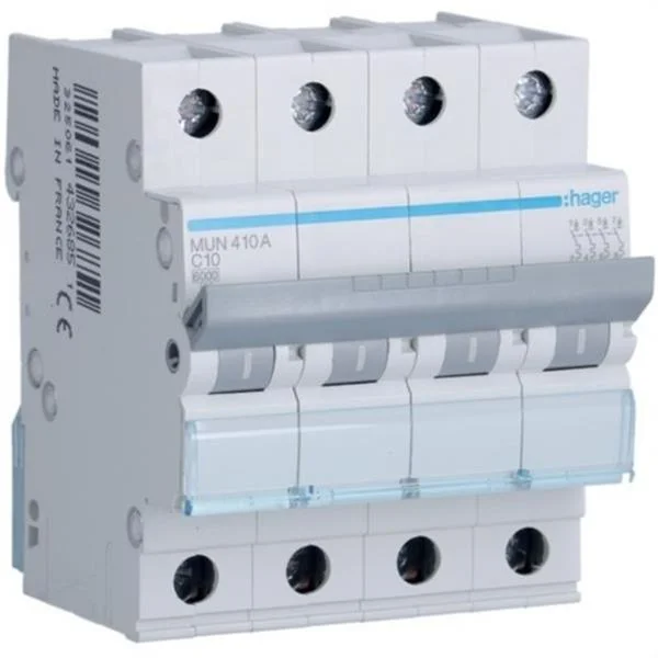 HAGER - INTERRUPTOR AUTOMATIC MAGNETOTERMIC SERIE MU 4P 10A CORBA C 6KA