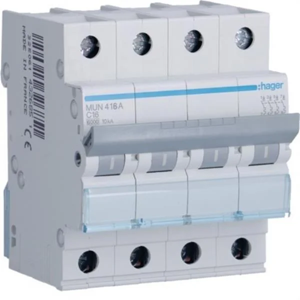 HAGER - INTERRUPTOR AUTOMATIC MAGNETOTERMIC SERIE MU 4P 16A CORBA C 6KA