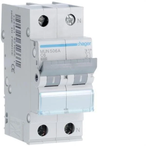 HAGER - INTERRUPTOR AUTOMATIC MAGNETOTERMIC SERIE MU 1P+N 6A CORBA C 6KA
