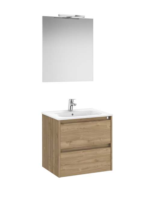 ROCA - MUEBLE LAVABO 600MM TENET 2 CAJONES + ESPEJO Y APLIQUE LED NOGAL