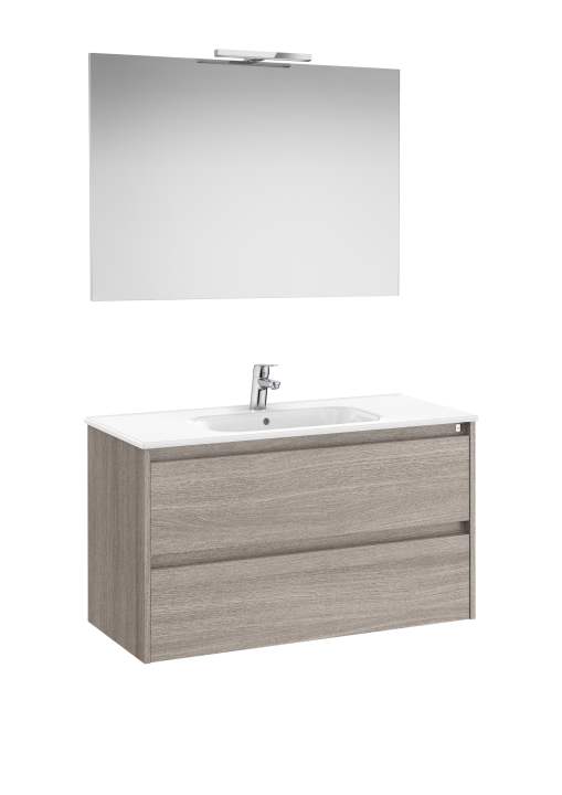 ROCA - MUEBLE 1000MM TENET 2 CAJONES + ESPEJO Y  APLIQUE LED ROBLE CITY TEXTURIZADO