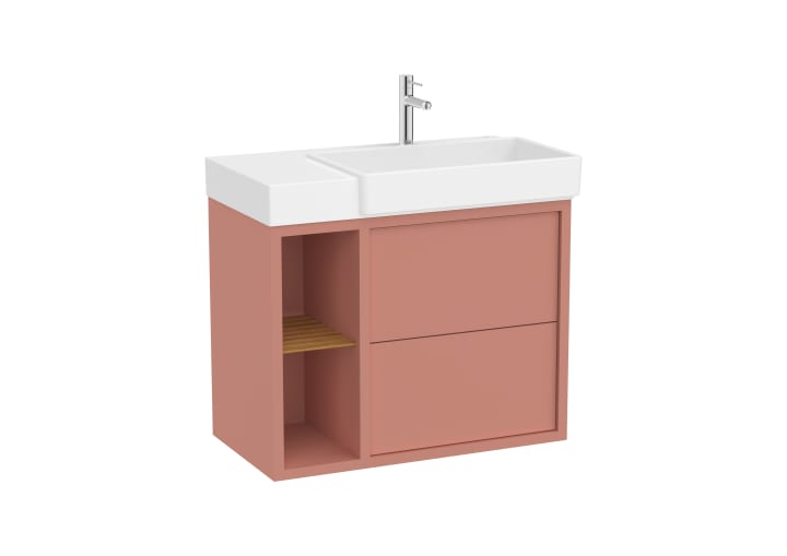 ROCA - CONJUNTO MUEBLE ASIMÉTRICO UNIK TURA 800X430MM DE DOS CAJONES, ESTANTE LATERAL TERRACOTA