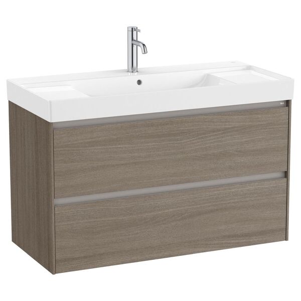 ROCA - MUEBLE LAVABO DOBLE BLANCO 1000X460 OLA STANDARD 2 CAJONES LED OLMO OSCURO